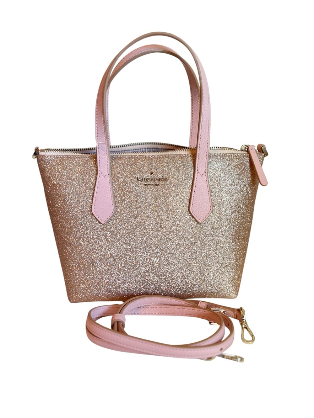 kate spade Rose Gold Glitter Leather Satchel with Pink Trim